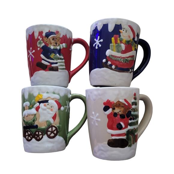 Christmas, Winter, Holiday Mugs Cups Set of 4 One Red One Blue One Tan One Green - Picture 1 of 12